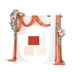 Artificial Wedding Arch Flowers Kit, Orange Wedding Arch Flowers with Drapes Kit (Pack of 5) - 2 Pcs Floral Arrangement, 3 Pcs Sheer Drapes, for Ceremony Bouquets Reception Backdrop Decoration