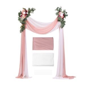 Artificial Wedding Arch Flowers Kit, Pink Wedding Arch Flowers with Drapes Kit (Pack of 4) - 2 Pcs Floral Arrangement, 2 Pcs Sheer Drapes, for Ceremony Bouquets Reception Backdrop Decoration