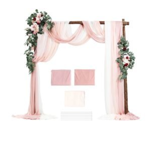 Artificial Wedding Arch Flowers Kit, Pink Wedding Arch Flowers with Drapes Kit (Pack of 5) - 2 Pcs Floral Arrangement, 3 Pcs Sheer Drapes, for Ceremony Bouquets Reception Backdrop Decoration