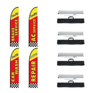 Auto Repair Advertising Feather Flag with Pole Kit, Advertising Flags for Business Outside, Includes 4 Banner Flags, 4 Poles, 4 Ground Stakes, Swooper Flags for Businesses 16.3 FT