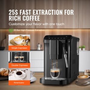 automatic espresso machine, 20 bar auto coffee machine with frother steam wand, built in grinder and 15 level grinding settings, professional espresso coffee maker with 1.5l water tank