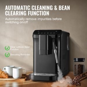 automatic espresso machine, 20 bar auto coffee machine with frother steam wand, built in grinder and 15 level grinding settings, professional espresso coffee maker with 1.5l water tank