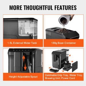 automatic espresso machine, 20 bar auto coffee machine with frother steam wand, built in grinder and 15 level grinding settings, professional espresso coffee maker with 1.5l water tank