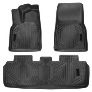 Automotive Floor Mats, Fits for Tesla Model Y 2021-2024, 3 pcs Front and 2nd Row Liners, All Weather Custom Fit TPE Vehicle Floor Mats, Easy to Clean and Secure Floor Liners for SUV, Black