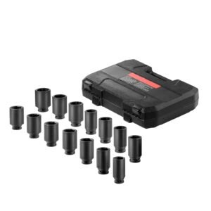 Axle Nut Impact Socket Set, 1/2" Drive Deep 6+12-Point 14-Piece Metric Spindle Nut Socket Set, CR-V Heat Treated Large Socket Set with Storage Case, Auto Repair, Removing or Installing Axle Nuts