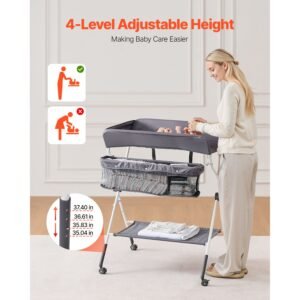 Baby Changing Table, Foldable Diaper Change Station with Side Basket, Adjustable Height Portable Changing Table with Lockable Wheels, Multi-Functional Storage Organizer Nursery, Dark Gray
