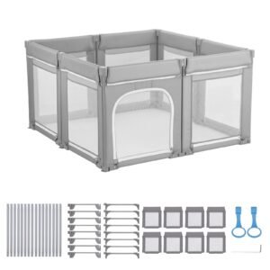 Baby Playpen, 47.2″ x 47.2″ Foldable Toddlers Playpen, Indoor/Outdoor Baby Fence Play Yard with Zippered Door & Soft Breathable Mesh, No-Gap Toddlers Activity Center for 6 -24 Months Babies