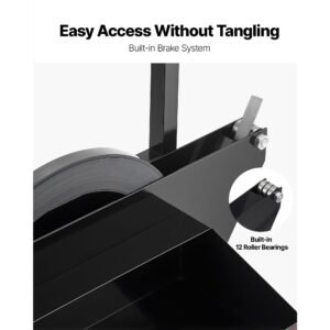 Banding Strapping Cart, Fit for Steel Strapping Coils with 23.6 inches Core Outer Size, Heavy Duty Strapping Dispenser with Rubber Wheels, Suitable for Factory, Warehouse, Loading Area