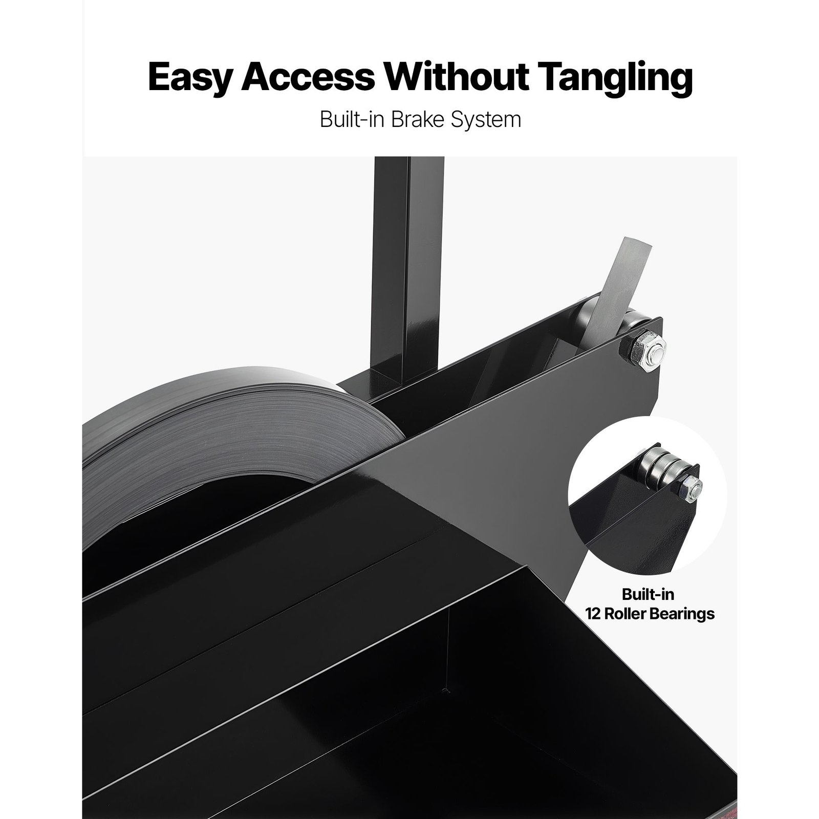 banding strapping cart, fit for steel strapping coils with 23.6 inches core outer size, heavy duty strapping dispenser with rubber wheels, suitable for factory, warehouse, loading area