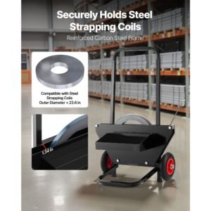 banding strapping cart, fit for steel strapping coils with 23.6 inches core outer size, heavy duty strapping dispenser with rubber wheels, suitable for factory, warehouse, loading area