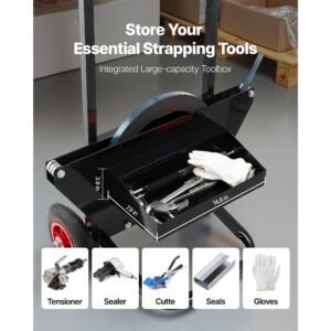 banding strapping cart, fit for steel strapping coils with 23.6 inches core outer size, heavy duty strapping dispenser with rubber wheels, suitable for factory, warehouse, loading area