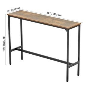 bar table sturdy metal frame high top pub table narrow long kitchen dining cocktail counter bar height desk easy to assemble 55x15x39 in for living room party rustic brown and black 3.jpg