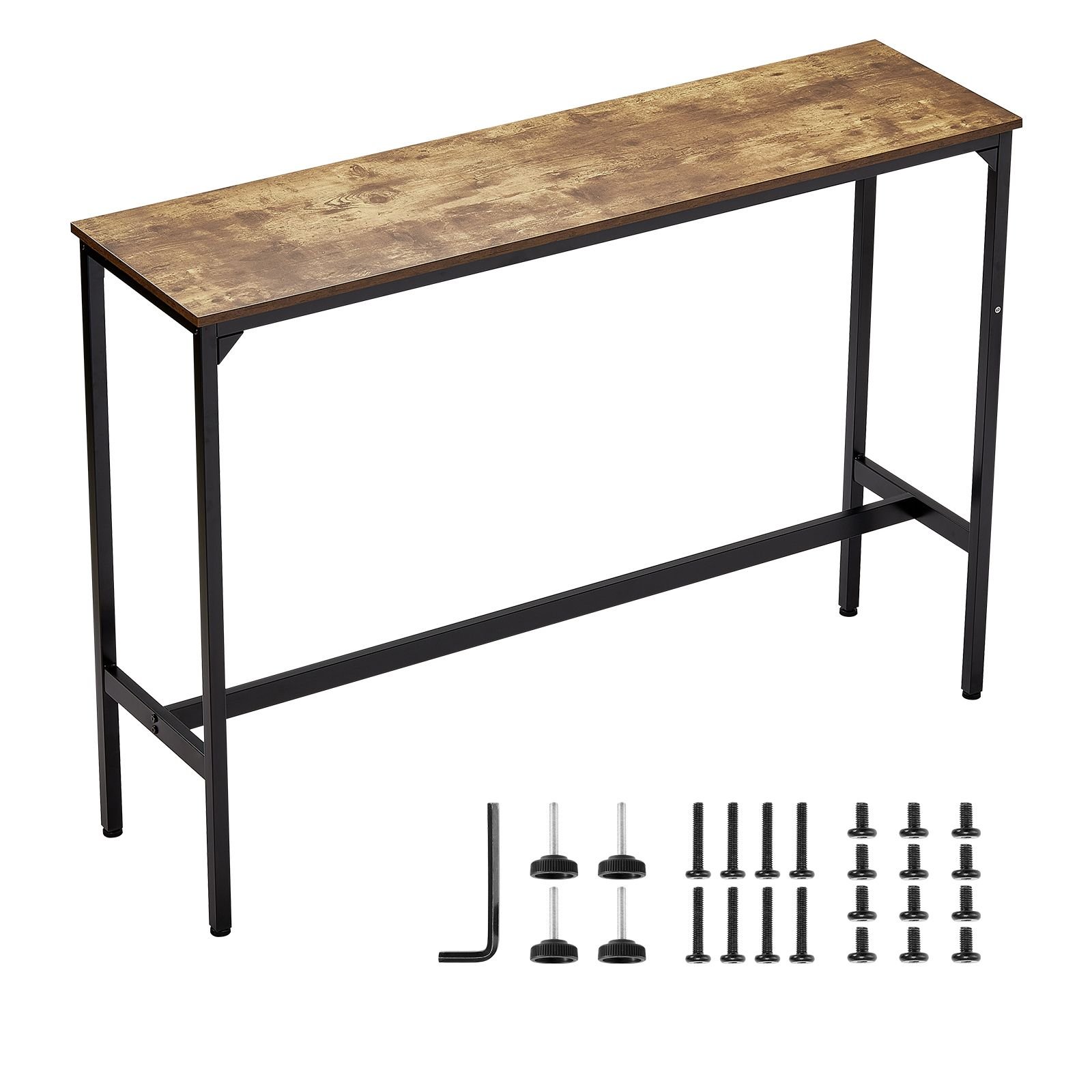 bar table sturdy metal frame high top pub table narrow long kitchen dining cocktail counter bar height desk easy to assemble 55x15x39 in for living room party rustic brown and black.jpg