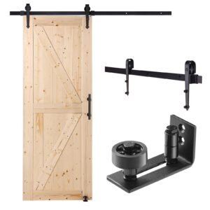 Barn Door and Hardware Kit, 30" x 84" Wood Sliding Barn Door, Smoothly and Quietly, Barn Door Kit with 8-in-1 Floor Guide and Door Handle, Spruce Wood Panelled Slab, Easy to Install