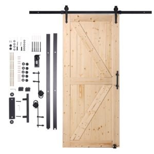 Barn Door and Hardware Kit, 36" x 84" Wood Sliding Barn Door, Smoothly and Quietly, Barn Door Kit with 8-in-1 Floor Guide and Door Handle, Spruce Wood Panelled Slab, Easy to Install