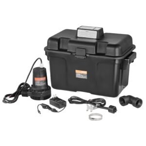 Basement Emergency Back-Up Sump Pump, 2000GPH 0.17 HP Backup Sump Pump System, with 15V Adapter, Float Switch, 24-Hour-a-Day Monitoring Controller, Alerts, and Charger, Black
