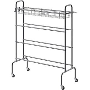 Basketball Rack, 4-Layers Rolling Basketball Shooting Training Stand, Sports Equipment Storage Organizer with Wheels, Hooks and Baskets, Garage Ball Storage Holder for Football Soccer Volleyball