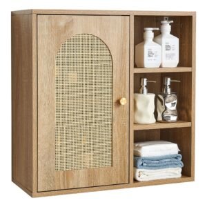 Bathroom Wall Cabinet, Door and Adjustable Shelf with 5 Height Levels, Over the Toilet Storage Medicine Cabinet Wall Mounted, Hanging Organizer with Shelves for Laundry Room Kitchen Restroom