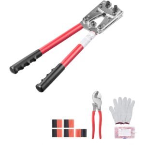 Battery Cable Lug Crimping Tool, 10-1/0AWG with Cable Cutter and 48PCS Copper Ring Terminals, 6 Wire Sizes Crimping Die and 100pcs Heat Shrink Tubes, for Heavy Duty Wire Lugs