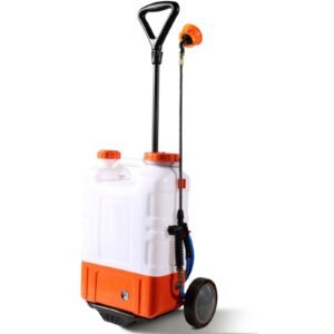 battery powered backpack sprayer with cart, 0 94 psi adjustable pressure, 4 gallon tank on wheels, with 8 nozzles and 2 wands, 12v 7.2ah battery, wide mouth lid for weeding, spraying, cleaning