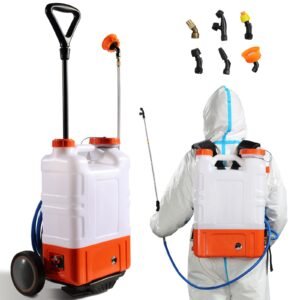 battery powered backpack sprayer with cart, 0 94 psi adjustable pressure, 4 gallon tank on wheels, with 8 nozzles and 2 wands, 12v 7.2ah battery, wide mouth lid for weeding, spraying, cleaning