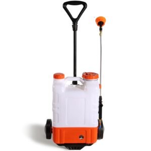 battery powered backpack sprayer with cart, 0 94 psi adjustable pressure, 4 gallon tank on wheels, with 8 nozzles and 2 wands, 12v 7.2ah battery, wide mouth lid for weeding, spraying, cleaning