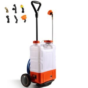 battery powered backpack sprayer with cart, 0 94 psi adjustable pressure, 4 gallon tank on wheels, with 8 nozzles and 2 wands, 12v 7.2ah battery, wide mouth lid for weeding, spraying, cleaning