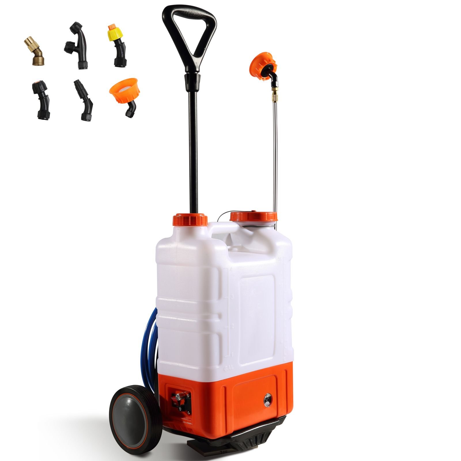 battery powered backpack sprayer with cart, 0 94 psi adjustable pressure, 4 gallon tank on wheels, with 8 nozzles and 2 wands, 12v 7.2ah battery, wide mouth lid for weeding, spraying, cleaning