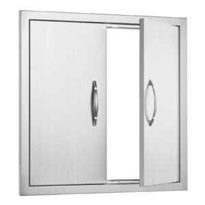 BBQ Access Door, 24W x 24H Inch Double Outdoor Kitchen Door, Stainless Steel Flush Mount Door, Double Wall Vertical Door with Handles and Hooks, for BBQ Island, Grilling Station, Outside Cabinet