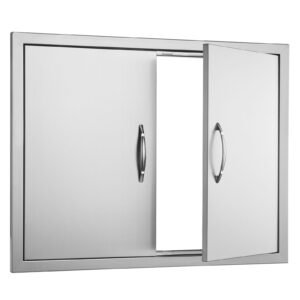 BBQ Access Door, 31W x 24H Inch Double Outdoor Kitchen Door, Stainless Steel Flush Mount Door, Double Wall Vertical Door with Handles and Hooks, for BBQ Island, Grilling Station, Outside Cabinet