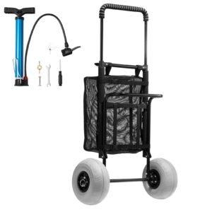 Beach Dolly with Big Wheels for Sand, 20.1" x 14.6" Cargo Deck, w/ 9" Balloon Wheels, 165LBS Loading Capacity Folding Sand Cart & 27.2" to 44.9" Adjustable Height, Heavy Duty Cart for Beach