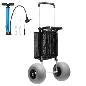 Beach Dolly with Big Wheels for Sand, 29.9" x 15.4" Cargo Deck, w/ 12" Balloon Wheels, 165LBS Loading Capacity Folding Sand Cart & 27" to 44.7" Adjustable Height, Heavy Duty Cart for Beach