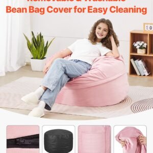 bean bag chair 3 feet round bean bag chair with removable and washable cover 25d memory foam filled with soft and smooth dutch velvet bean bag for bedroom or playroom pink 4.jpg