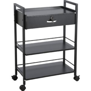 Beauty Salon Trolley Cart, 3-Tier Hair Salon Stations Cabinet for Stylist with Lockable Drawer, MDF Rolling Storage Station with 4 Wheels (2 Lockable) for Beauty SPA Barbershop Tattoo