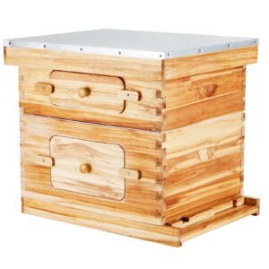 Bee Hive 20 Frame Bee Hives Starter Kit, Beeswax Coated Fir Wood, 1 Deep + 1 Medium Bee Boxes Langstroth Beehive Kit, Transparent Acrylic Windows with Foundations for Beginners Pro Beekeepers