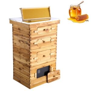 Bee Hive 40 Frame Bee Hives Starter Kit, Beeswax Coated Fir Wood, 2 Deep + 2 Medium Bee Boxes Langstroth Beehive Kit, Transparent Acrylic Windows with Foundations for Beginners Pro Beekeepers