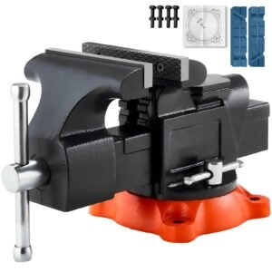 Bench Vise, 5" Jaw Width, 5" Max Jaw Opening Multipurpose Vise with 360° Swivel Locking Base, 2.8" Throat Depth, Heavy Duty Ductile Iron Workbench Vise with Anvil, for Clamping Round Pipes