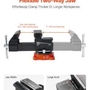 bench vise, 5.5" jaw width, 5.5" max jaw opening multipurpose vise with 360° swivel locking base, 2.8" throat depth, heavy duty ductile iron workbench vise, two way jaws for clamping round pipes
