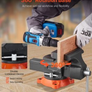 bench vise, 5.5" jaw width, 5.5" max jaw opening multipurpose vise with 360° swivel locking base, 2.8" throat depth, heavy duty ductile iron workbench vise, two way jaws for clamping round pipes