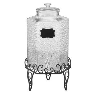 Beverage Dispenser, 2.5 Gallon Drink Dispensers for Parties, Glass Juice Dispenser with Metal Stand, Stainless Steel Spigot, Iced Tea Lemonade Juice Water Dispensers for Parties