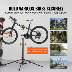 Bike Repair Stand, 80 lbs Heavy-duty Steel Bicycle Repair Stand, Adjustable Height Bike Maintenance Workstand with Magnetic Tool Tray Telescopic Arm, Foldable Bike Work Stand for Home, Shops