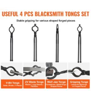 Blacksmith Tongs, 18' 4 PCS, V-Bit Bolt Tongs, Wolf Jaw Tongs, Z V-Bit Tongs and Gripping Tongs, Carbon Steel Forge Tongs with A3 Steel Rivets, for Beginner and Seasoned Blacksmiths, Bladesmiths