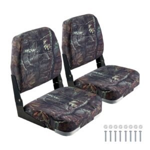 Boat Seat, Low Backrest, Folding Fishing Boat Seat with Thickened Sponge Cushion & PU Polyester Fabric, Strong PP Frame, Flip Up Boat Seat for Boats, Yachts, Ships, Camouflage Color (2 Seats)