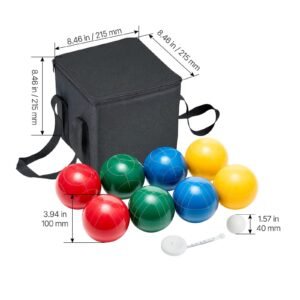 Bocce Ball Set, 100 mm, with 8 Resin Balls, Pallino, Carrying Bag and Measuring Rope, Red/Green/Blue/Yellow 4 Colors, for 2 to 8 Players, Bocce Ball Game Set for Beach, Lawn, Family Backyard