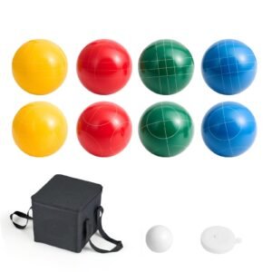 bocce ball set, 100 mm, with 8 resin balls, pallino, carrying bag and measuring rope, red/green/blue/yellow 4 colors, for 2 to 8 players, bocce ball game set for beach, lawn, family backyard