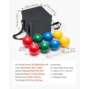 bocce ball set, 100 mm, with 8 resin balls, pallino, carrying bag and measuring rope, red/green/blue/yellow 4 colors, for 2 to 8 players, bocce ball game set for beach, lawn, family backyard