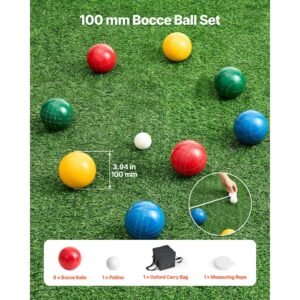 bocce ball set, 100 mm, with 8 resin balls, pallino, carrying bag and measuring rope, red/green/blue/yellow 4 colors, for 2 to 8 players, bocce ball game set for beach, lawn, family backyard