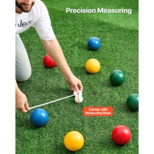 bocce ball set, 100 mm, with 8 resin balls, pallino, carrying bag and measuring rope, red/green/blue/yellow 4 colors, for 2 to 8 players, bocce ball game set for beach, lawn, family backyard