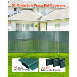 bottom locking privacy slats, double wall vertical bottom locking slats with wings for chain link fence, high density hdpe chain link slats ideally fit 4' high fence for garden and farm(green)
