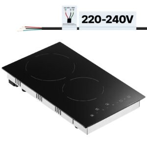 Built in Electric Stove Top, 20 x 11.6 inch 2 Burners, 240V Glass Radiant Cooktop with Sensor Touch Control, Timer & Child Lock Included, 9 Power Levels for Simmer Steam Slow Cook Fry
